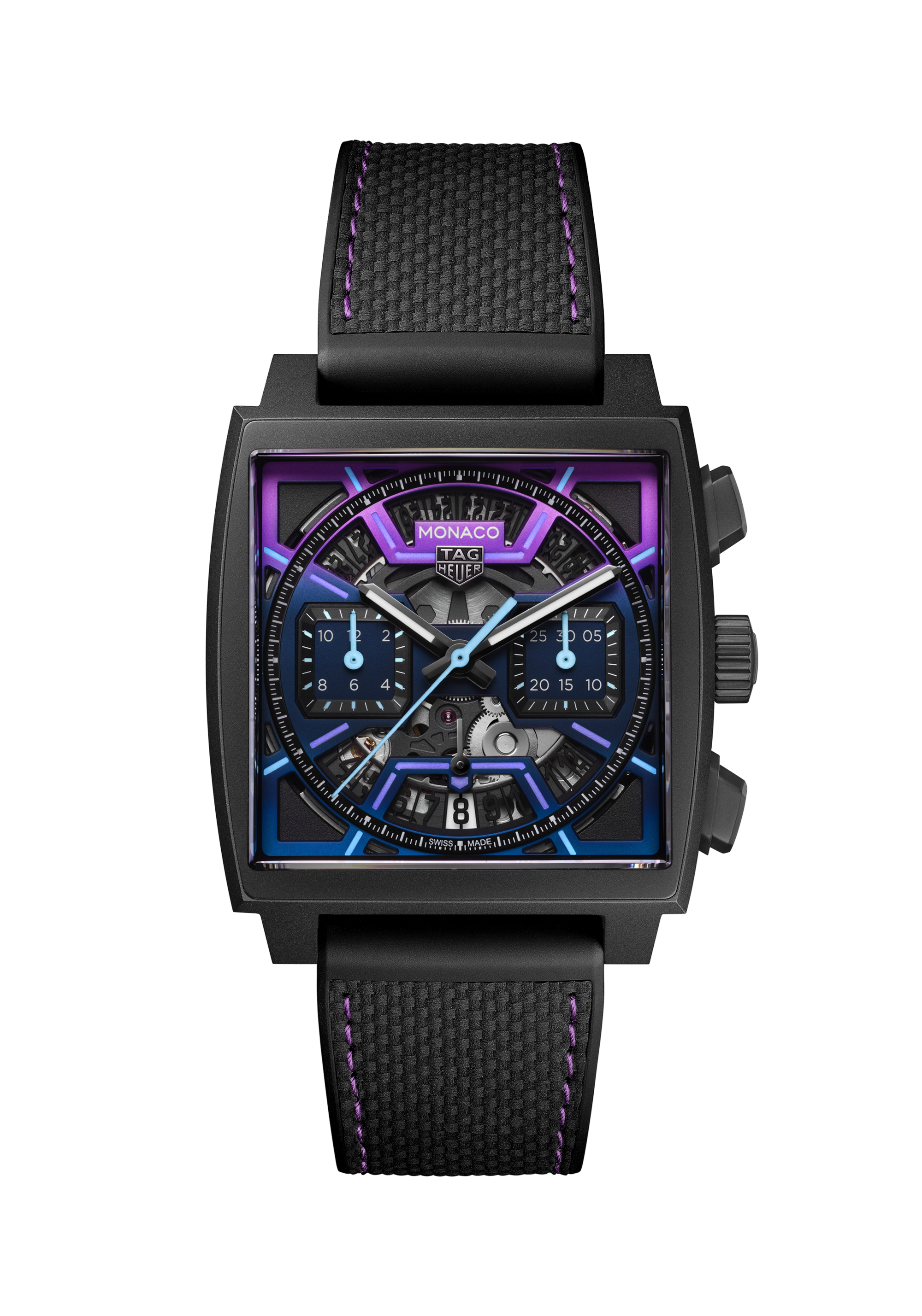 TAG Heuer Monaco  Black Rubber & Leather Titanium coated with DLC Purple and Blue