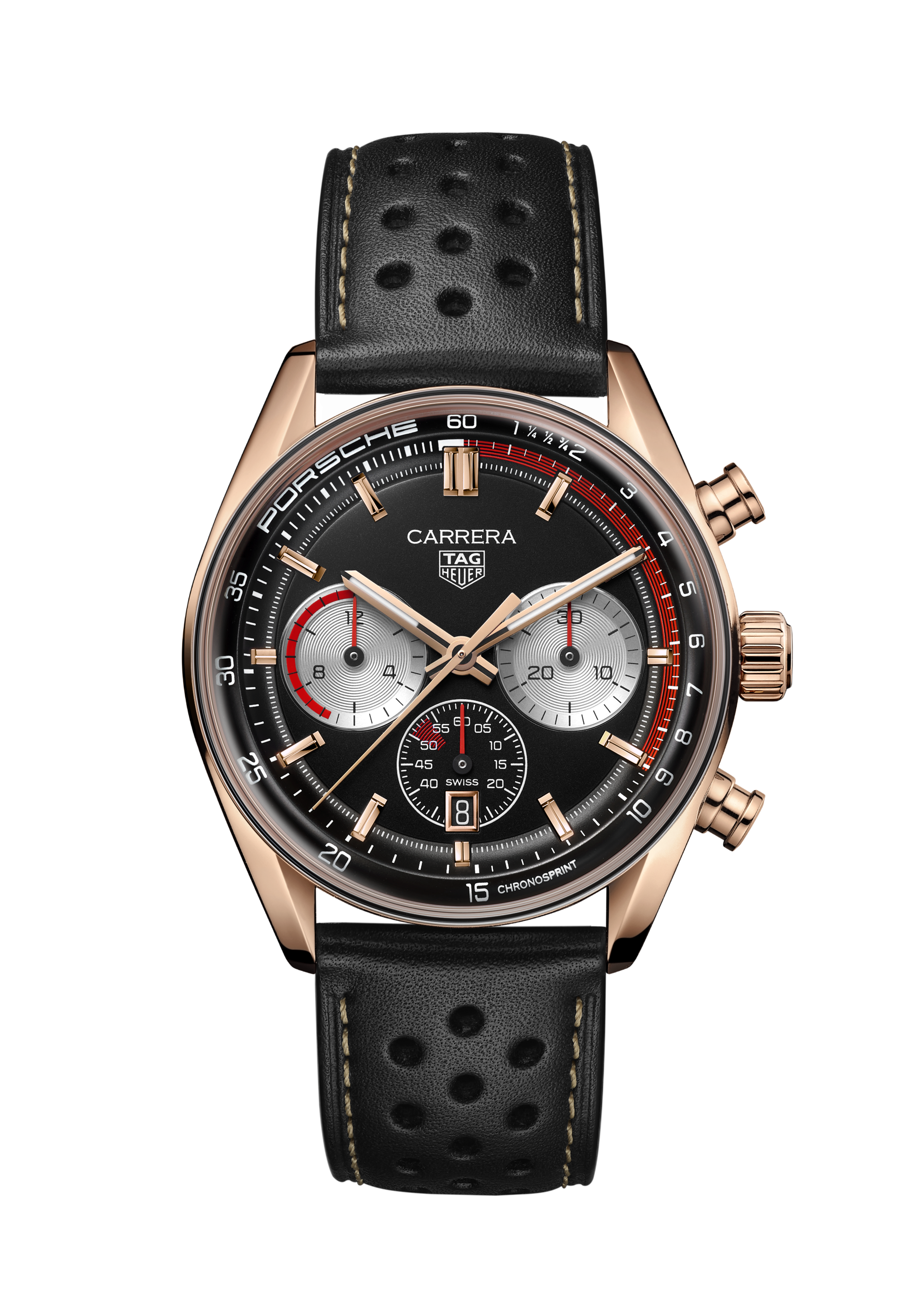 TAG Heuer Carrera Black Calf Leather 18K 5N Solid Rose Gold Black